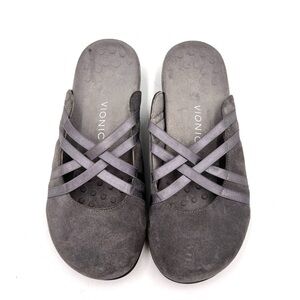 Vionic Women's Claire Leather Slip On Criss Cross Strap Mule Flat